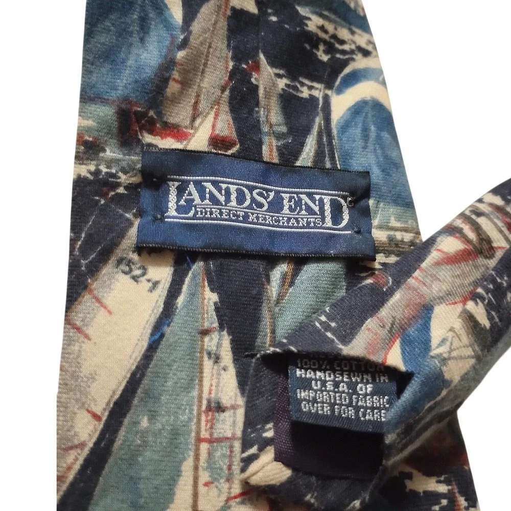Lands End Mens Sailboat Regatta Print Cotton Tie Navy Red White Handsewn USA